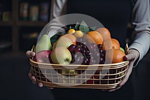 woman holding a shopping basket, Grocery shopping in supermarket. Healthy eating lifestyle shopping