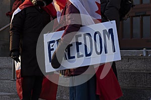 Woman holding sign freedom during peaceful protest against covid 19 mandates and restrictions