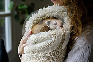 a woman holding a sleeping ferret wrapped in a fluffy towel