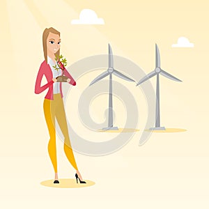 Woman holding small plant vector illustration.
