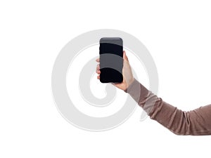 Woman holding smartphone with blank screen