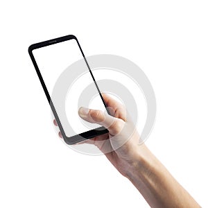 Woman holding smartphone with empty screen isolated on white background. Female hands with phone, space for text