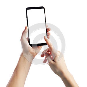 Woman holding smartphone with empty screen isolated on white background. Female hands with phone, space for text