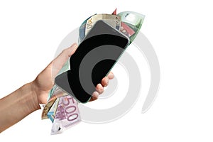 Woman holding smartphone with euro banknotes on white background