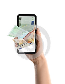 Woman holding smartphone with euro banknotes on white background, closeup