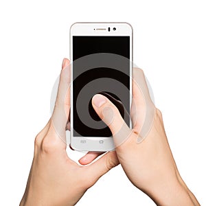 Woman holding smartphone in her hands. Finger touching display