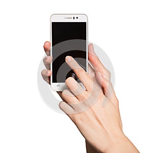 Woman holding smartphone in her hands. Finger touching display