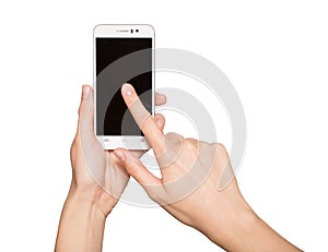 Woman holding smartphone in her hands. Finger touching display