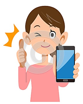 A woman holding a smartphone and thumbing up