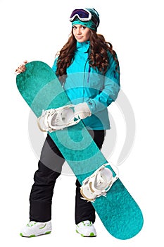 Woman holding snowboard in studio