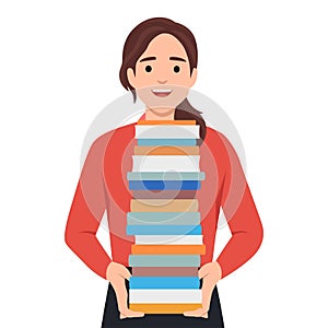 Woman holding stack of books. Bookstore, bookshop, library, book lover, bibliophile, education concept. Isolated vector photo