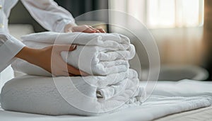 A woman is holding a stack of white towels by AI generated image