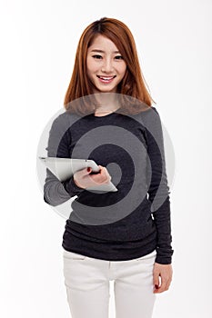 Woman holding tablet computer.