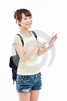 Woman holding tablet computer.