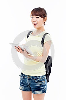 Woman holding tablet computer.