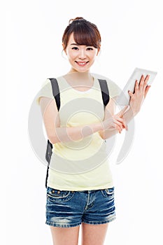 Woman holding tablet computer.