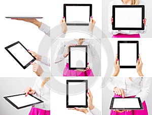 Woman holding tablet computer, collage of different photos