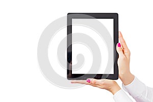 Woman holding tablet computer with empty white screen