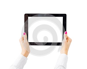 Woman holding tablet computer horizontally