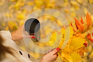 A woman is holding a thermo cup and a bouquet of autumn leaves. Autumn outdoor activity.