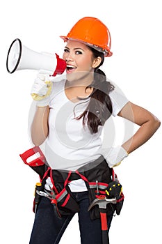 Woman holding tool and megaphone