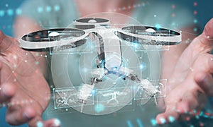 Woman holding and touching modern drone with her hand 3D rendering