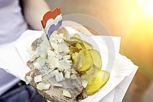Woman holding traditional Dutch snack with raw herring with pickles