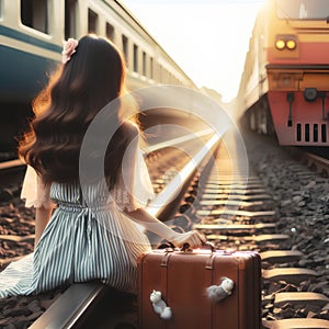 Woman holding travel suitcase sitting on the train rails at station platform ready to travel at sunset