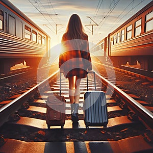 Woman holding travel suitcase walking on the train rails at station platform ready to travel at sunset