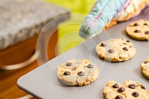 Woman holding a tray with baked cookies with kitch