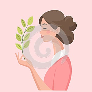 Woman holding tree branch, mental health, self care, gardening or environmental concept. Illustration.