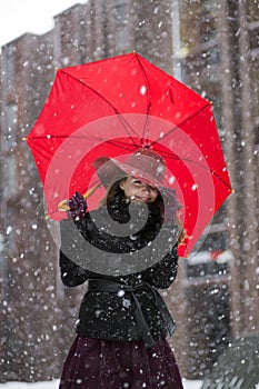 Woman holding umbrella and snowfall freez