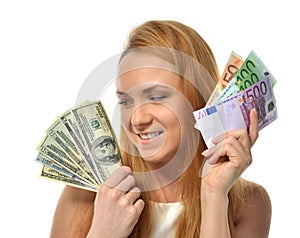 Woman holding up cash money five one fifty hundred euro in one h