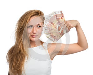 Woman holding up many cash money five thousand russian rubles no