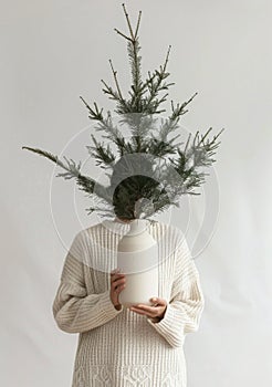 Woman Holding Vase With Tree on Head
