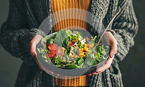 Woman holding a vegetable salad bowl near window light.