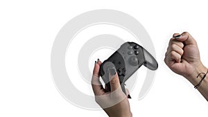 Woman holding video game console controller  on white background.