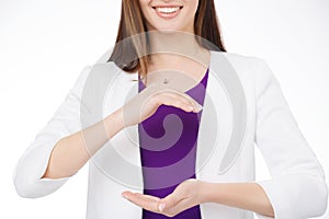 Woman holding virtual object in her hands