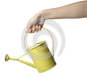 Woman holding watering can on white background, closeup