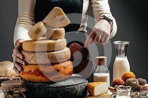 Woman holding a wheels of hard cheese. cheesemaker on dark background