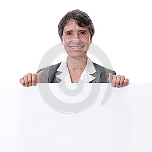 Woman holding white board