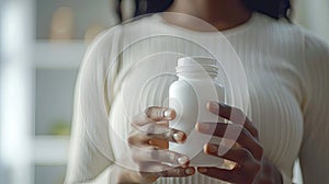 A woman holding a white bottle of pills, focus on the bottle.