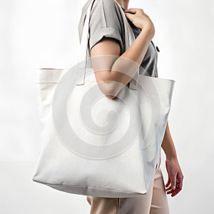 Woman holding white fabric tote bag blank background for mockup