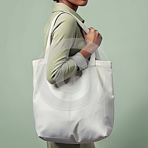 Woman holding white fabric tote bag on green blank background for mockup