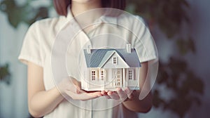 Woman holding white house model and house key in hand.Mortgage loan approval home loan and insurance concept
