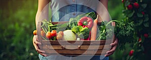 Woman holding a wooden box full of fresh vegetable in color garden background