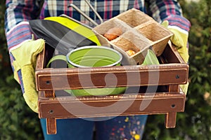 Woman holding wooden crate with gardening tools and flower bulbs outdoors, closeup