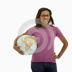 Woman holding world.