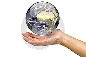 Woman holding the world on a white background
