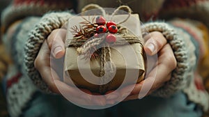 Woman Holding Wrapped Present in Hands. Generative AI.